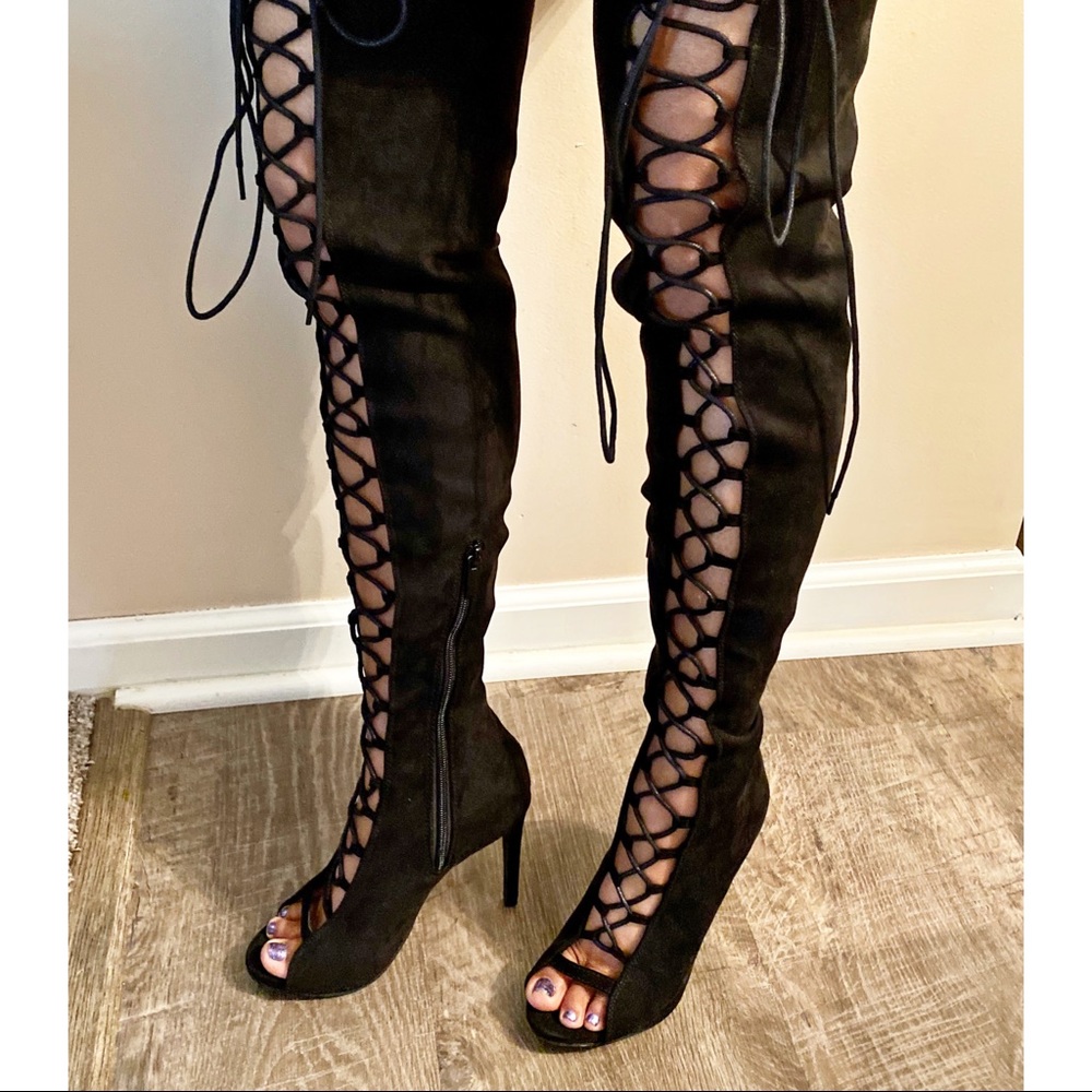 Anne Michelle Black Gladiator Thigh High Boots Sz6